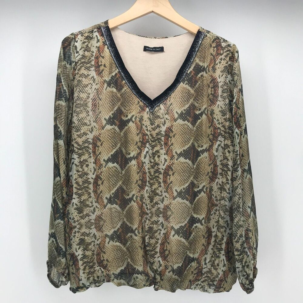 Made In Italy Top Womens Medium Green Brown Python Snake Print Silk Blend